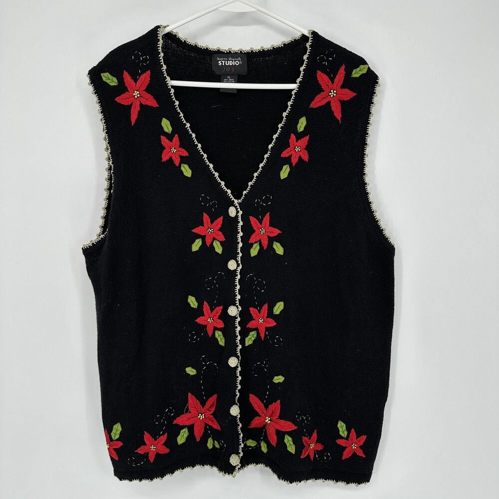 Designers Originals Studio Joy Sweater Vest Womens XL Beaded Floral Knit